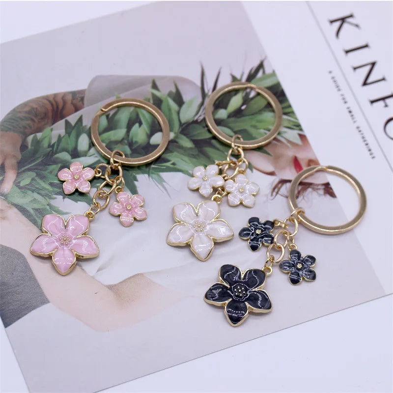 Cute Sakura Flower Keychain Plant Pendant Key Ring Enamel for Women Girls Handbag Car Keys DIY Sweet Jewelry Accessories Gifts