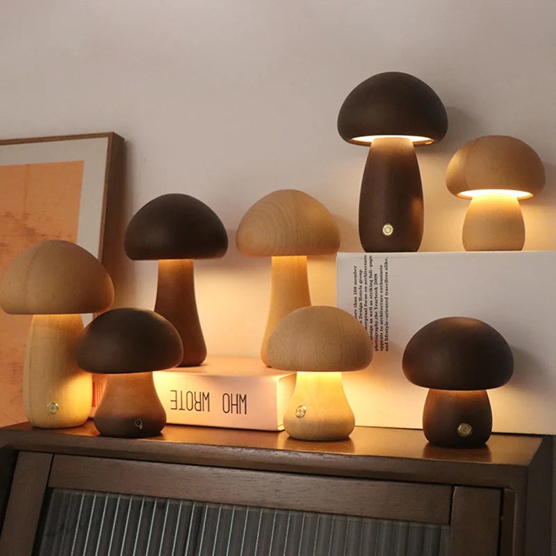 Wooden Mushroom Bedside Table Lamp