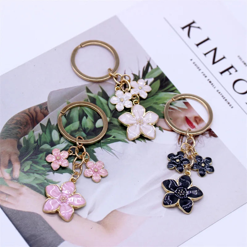 Cute Sakura Flower Keychain Plant Pendant Key Ring Enamel for Women Girls Handbag Car Keys DIY Sweet Jewelry Accessories Gifts
