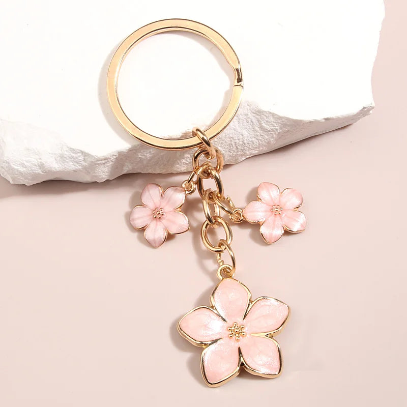 Cute Sakura Flower Keychain Plant Pendant Key Ring Enamel for Women Girls Handbag Car Keys DIY Sweet Jewelry Accessories Gifts