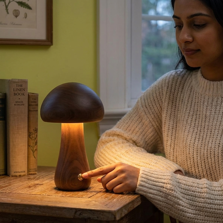 Wooden Mushroom Bedside Table Lamp