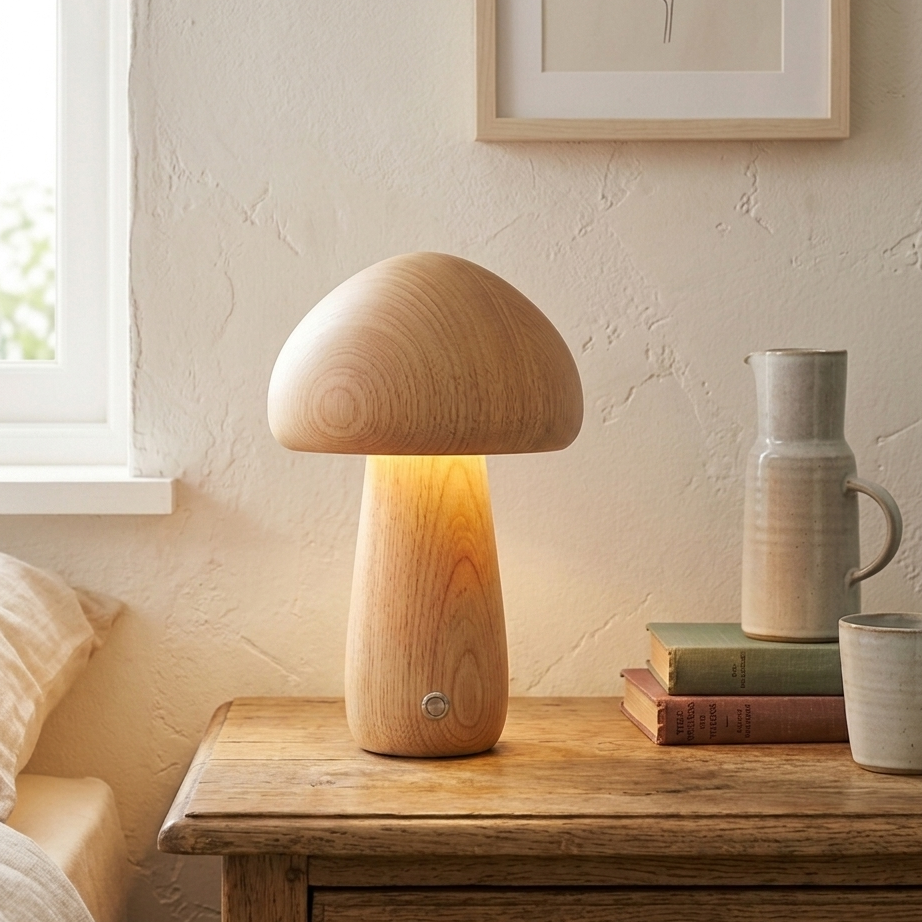 Wooden Mushroom Bedside Table Lamp